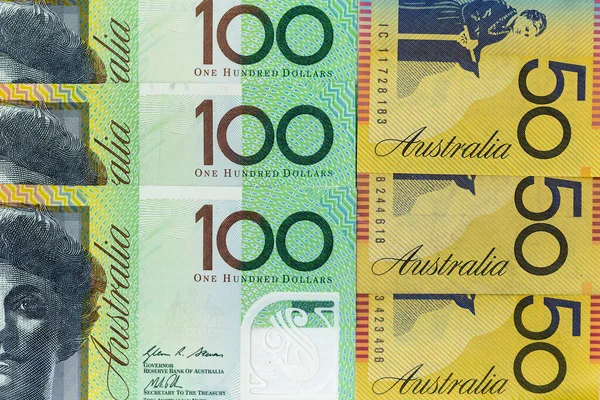 Banknoty Walutowe Rozłożone Całej Ramie Dolara Australijskiego Różnych Nominałach — Zdjęcie stockowe