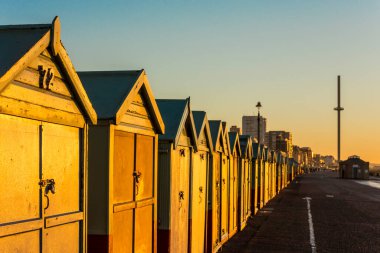 Brighton Rıhtımı kıyısındaki Brighton renkli sahil kulübesi..