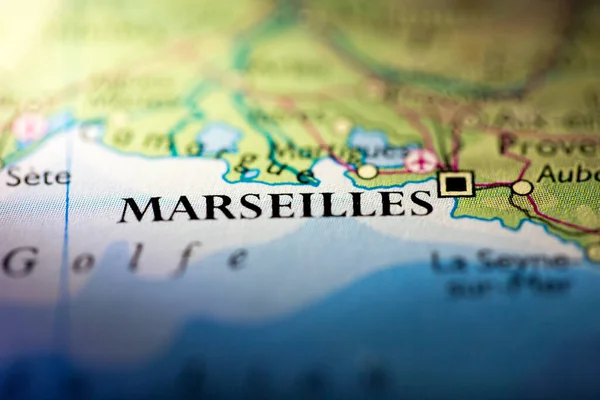 Champ Peu Profond Focalisé Sur Localisation Géographique Ville Marseille France — Photo