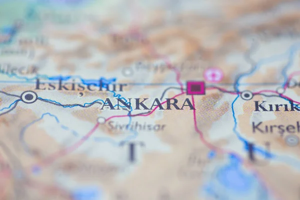 Shallow depth of field focus on geographical map location of Ankara Turkey Mediterranean Asia continent on atlas