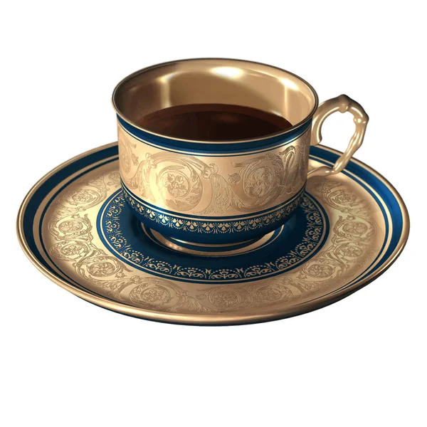 Mavi çizgili bir fincan tabağında altın kahve fincanı.