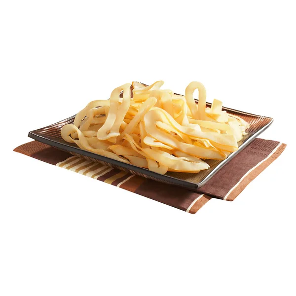 Kahverengi seramik bir tezgahta çizgili bir peçetede mürekkep balığı halkaları.