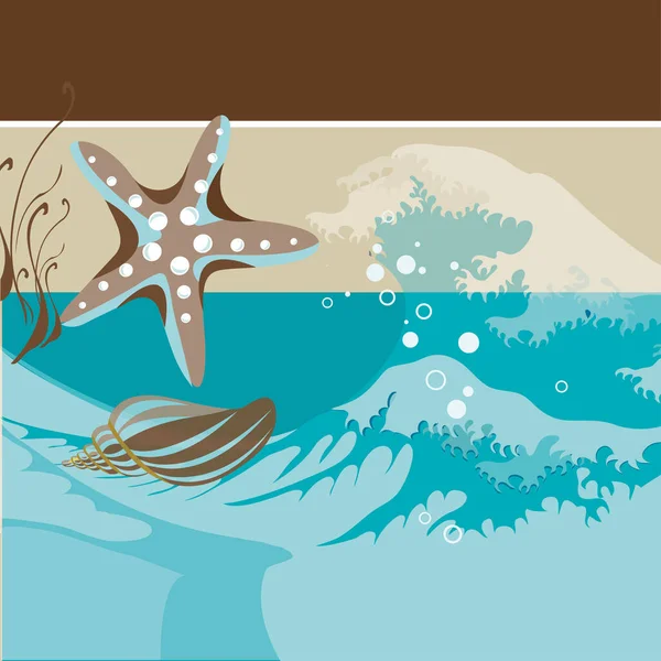 Étoile Mer Coquillage Dans Vague Mer Dans Des Tons Turquoise — Image vectorielle
