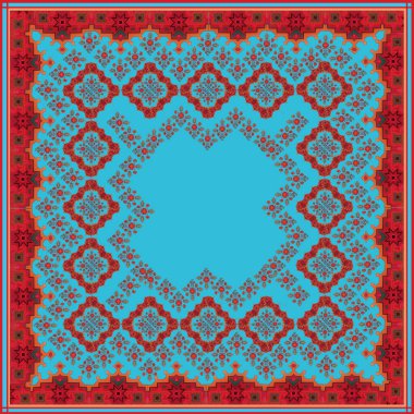 Bulgar tarzında turkuaz bir alanda kırmızı yeşil turuncu şekilli geometrik desenli mendil