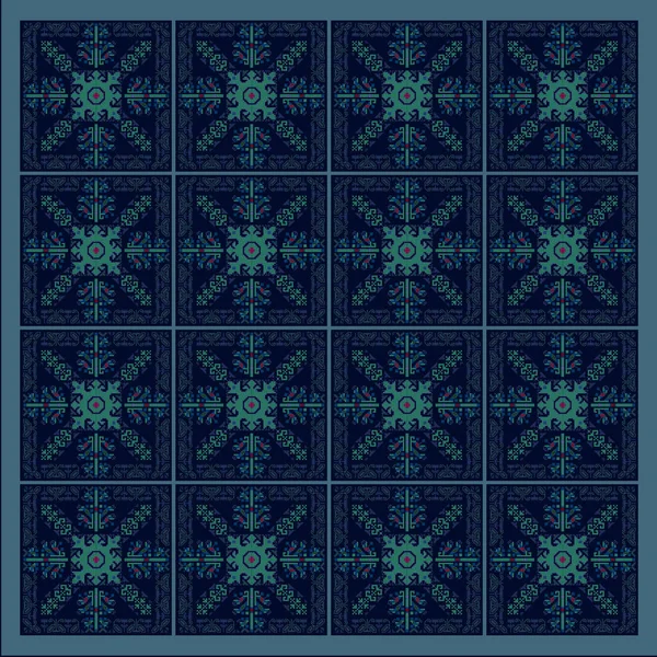 Bulgar folkloru tarzında lacivert bir eşarp. Leylak ve pembe noktalı turkuaz geometrik desenli.