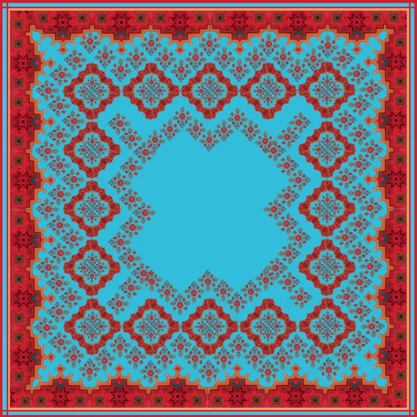 Bulgar tarzında turkuaz bir alanda kırmızı yeşil turuncu şekilli geometrik desenli mendil