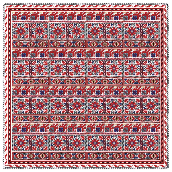 Kırmızı çiçekli, mavi yeşil ve bej geometrik şekilli mendil.