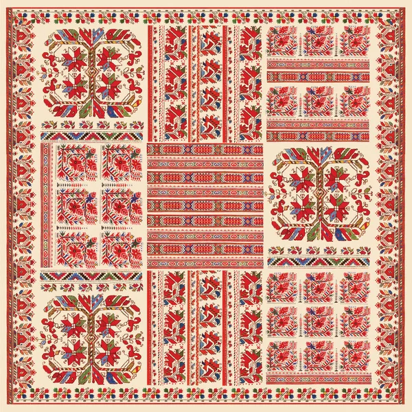 Bej arkaplanda kırmızı ve mavi süslemeli mendil.