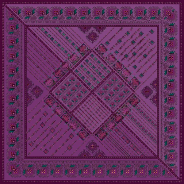 Kırmızı arka planda süsen ve lavanta desenli kare eşarp. Kenarında lavanta şeritli.