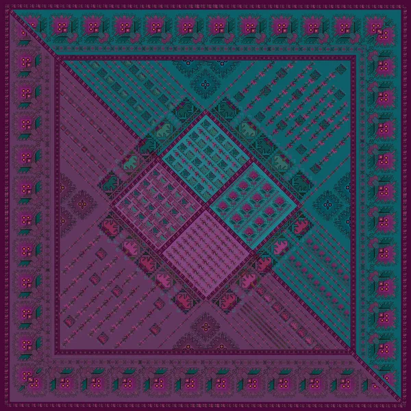 Zümrüt kırmızısı zümrüt kırmızısı arka planda süsen ve lavantalı eşarp. Kenarları lavanta şeritli.