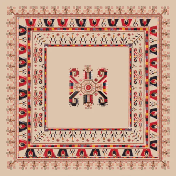 Bej arkaplanda kırmızı ve mavi geometrik desenli mendil.