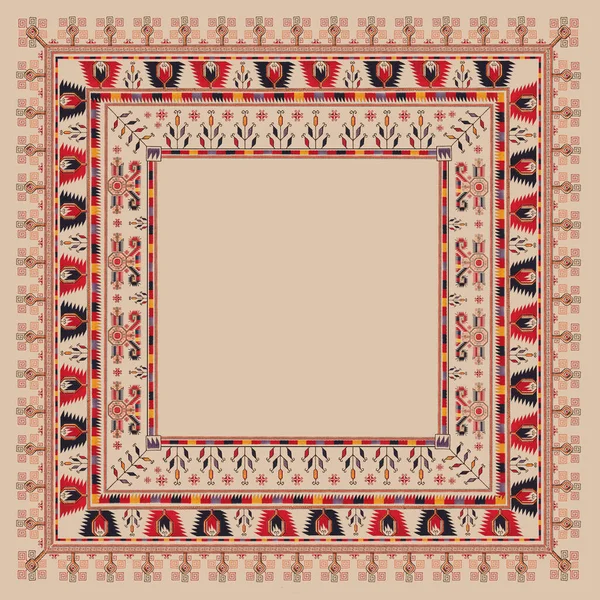 Halı tarzı mendil, bej arka planda stilize çiçekler.