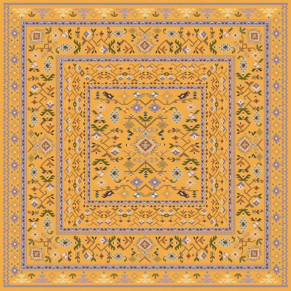 Geometrik parçalarla kaplı sarı bir zemin üzerinde kilim tarzında Bulgar süslemeli mendil.