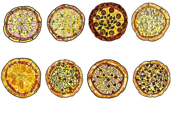 피자 세트: 치즈, 하와이, 마가리타, 멕시코, 버섯, 페퍼로니, 해산물, 야채 — 스톡 사진