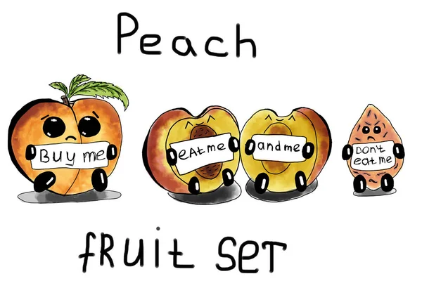 Karikatür tarzında şeftali meyvesi, üç farklı meyve seti.