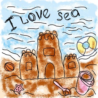 Denizin arkaplanındaki kumdan kale. Yazıtta denizi seviyorum. Çizgilerle çizilmiş ve suluboya resimlerle çizilmiş.