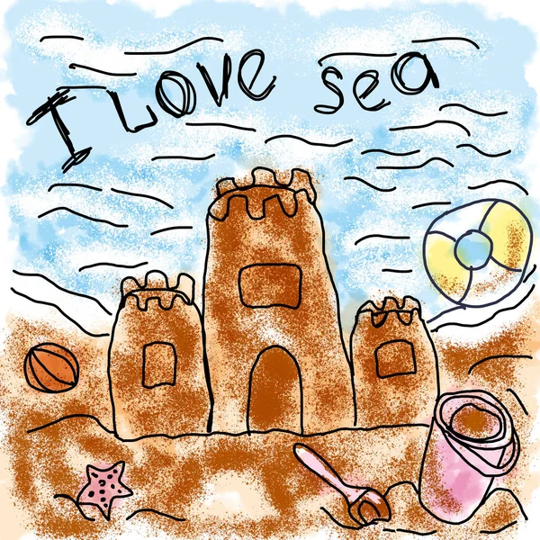 Denizin arkaplanındaki kumdan kale. Yazıtta denizi seviyorum. Çizgilerle çizilmiş ve suluboya resimlerle çizilmiş.