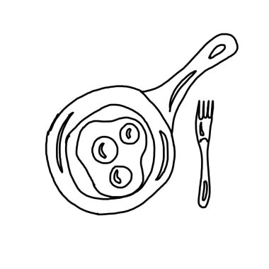 Kızartma tavasında kızarmış yumurta, çatalla, beyaz arka planda keten. Kahvaltı simgesi.