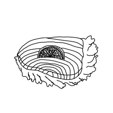 Beyaz arka planda marul ve limonlu ton balığı filetosu. Satır sanatı.