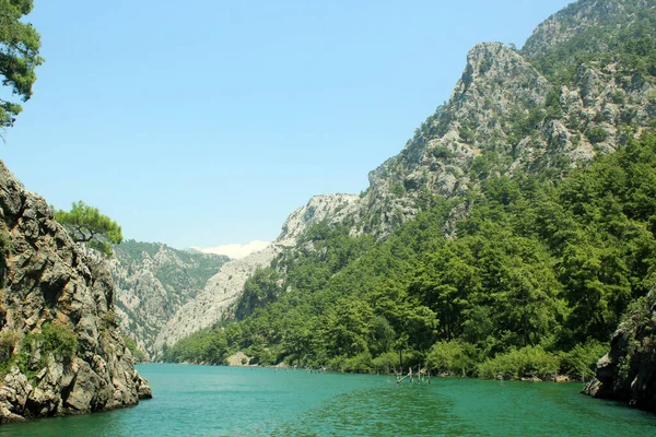 Turkuaz göl, yeşil dağların ve kayaların ortasında. Peyzaj.