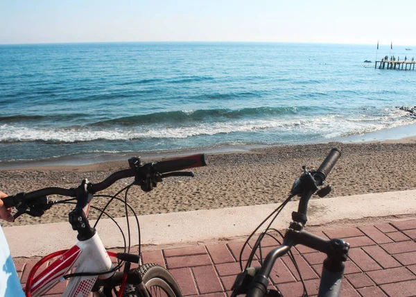 Çift deniz boyunca bisiklet sürüyor.