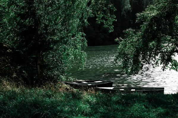 Ormandaki gölde tekneler. Karanlık Orman.