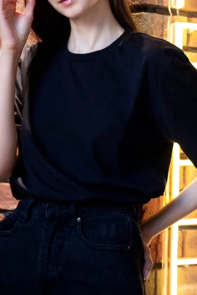 Young Woman Black Shirt Black Skirt Clothing Brand Mock — Stock Photo, Image