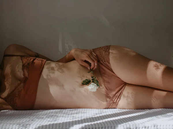 ランジェリー姿の女性の腰と犬のバラの花 — ストック写真