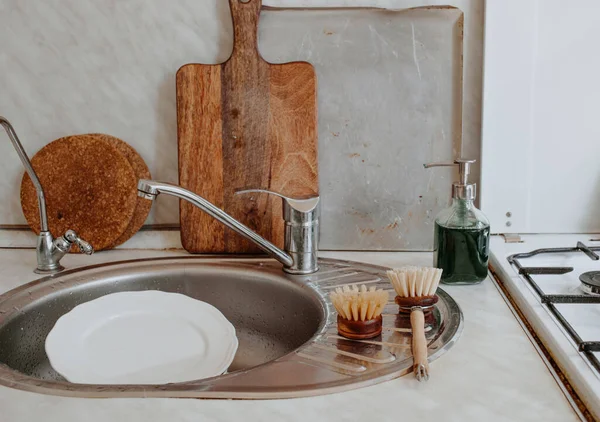 Zero Resíduos Cozinha Conjunto Limpo Para Lavar Pratos — Fotografia de Stock