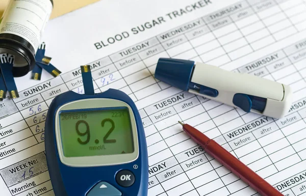 Glucometer Outros Instrumentos Para Medir Níveis Glicose Rastreadores Açúcar Sangue — Fotografia de Stock