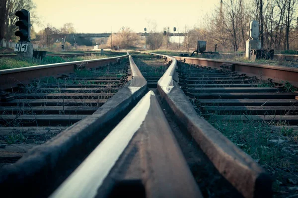 Grande Attraversamento Ferroviario Vuoto Con Biforcazione Concetto Logistica Industriale Background — Foto Stock