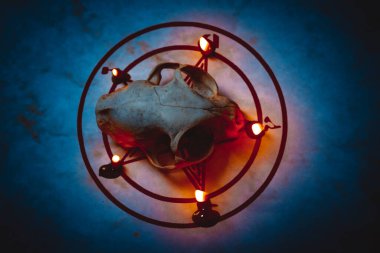 Kafatası, mumlar ve pentagram.