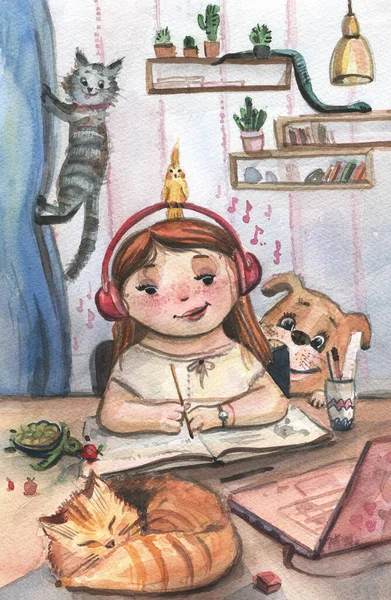 Girl doing homework. Girl in headphones teaches lessons.Girl and her pets, cats, parrot, snake, turtle and dog. Watercolor illustration