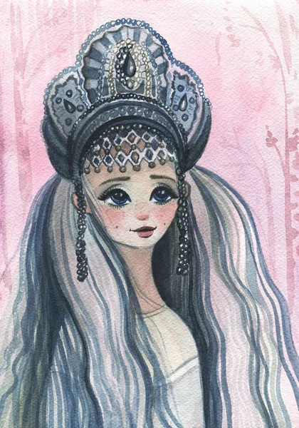 Beautiful Cartoon Girl Russian Kokoshnik Russian Beauty Crown Watercolor Illustration — Stock Photo, Image