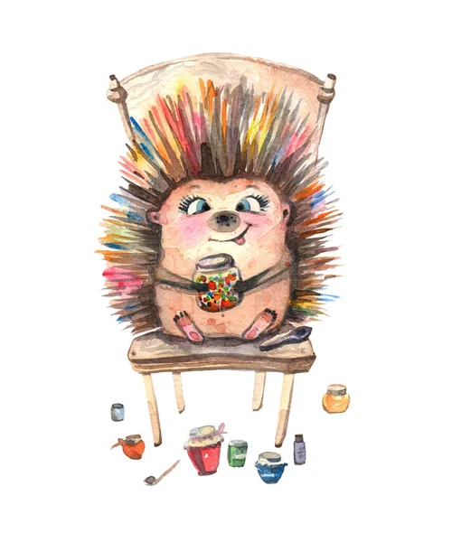 Watercolor Hedgehog Jam Funny Hedgehog Sits Chair Jam Cute Hedgehog — Stock Photo, Image