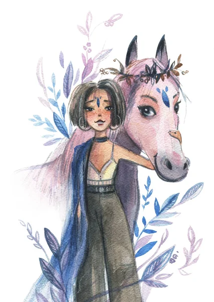 Watercolor beautiful woman touches a horse\'s face with care and love. Cartoon girl hugs a pink horse.