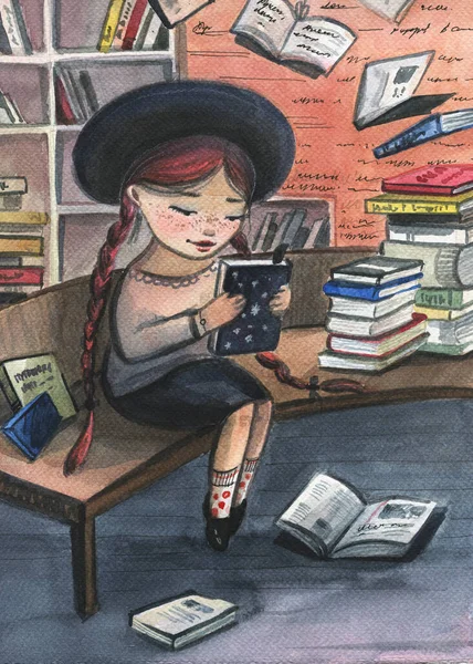 Girl in a hat reads a book. Cartoon girl with pigtails and books. Girl sitting and reading in the library.