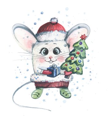 Yeni Yıl Fare 'sinin pençelerinde bir hediye ve bir Noel ağacı var. - Mutlu yıllar. Beyaz arkaplanda suluboya çizimi.