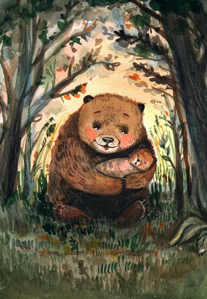 Watercolor Mother bear. Mother bear with a teddy bear in the forest. Love. Care.