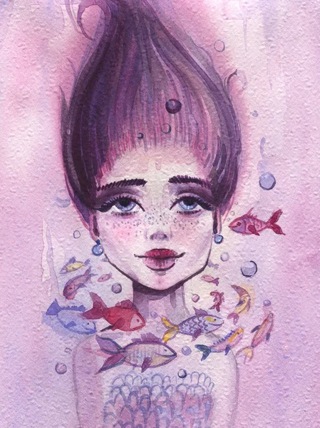 Vacker Sjöjungfru Vattnet Siren Marina Undersåtar Akvarell Illustration — Stockfoto