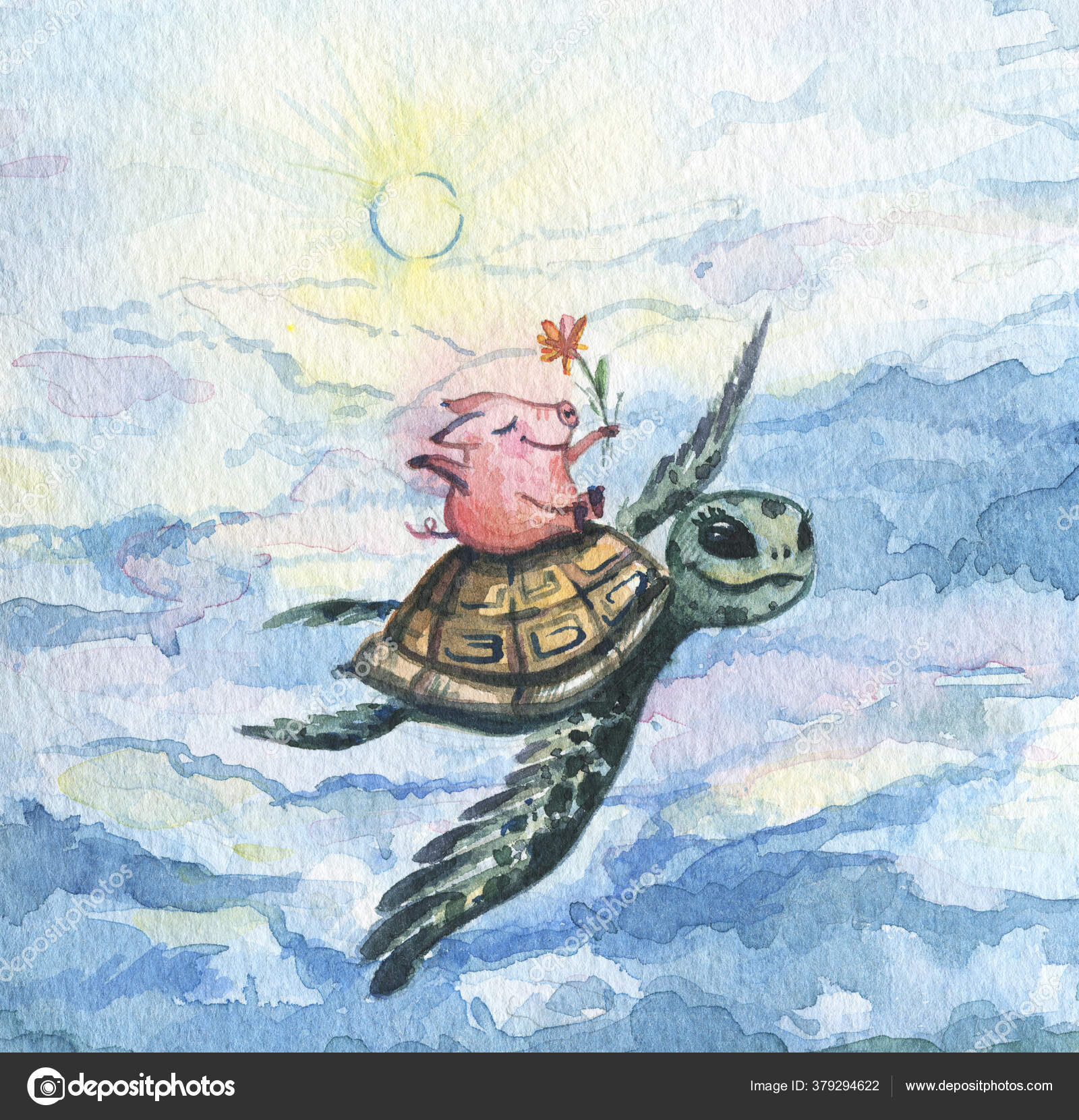 Tortuga Cerdo Una Tortuga Cerdo Divertido Están Volando Cielo Amistad  Ilustración de stock #379294622 de ©fedorovava, image size:1600x1660