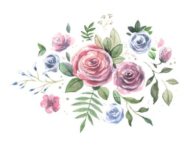 Suluboya çiçekler. Çiçekli illüstrasyon, yaprak ve tomurcuklar. Bir düğün ya da tebrik kartı için botanik kompozisyonu, doğum günü ve diğer tatiller ve yaz arkaplanı. Beyaz arkaplanda suluboya çizimi.