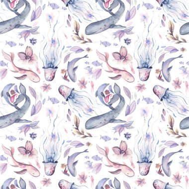 Deniz sakinleriyle kusursuz bir düzen. Beyaz arka planda suluboya deniz sakinleri, balina, yunus, denizanası, balık ve deniz çiçekleri. Deniz yaşamı kalıbı. 