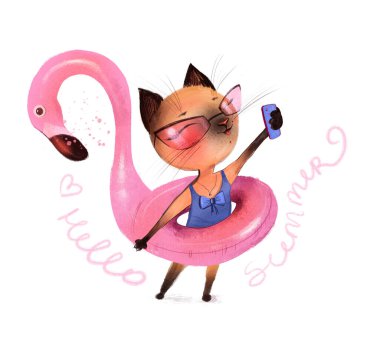Merhaba Summer. Plajda flamingo lastik yüzükle poz veren sevimli bir kedi. Bir kedi flamingolarla selfie çeker. Güneş gözlüğü. Dijital illüstrasyon. 