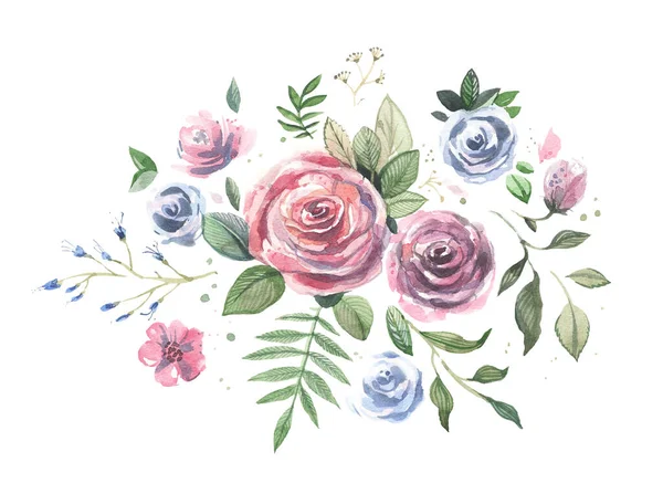 Акварельные Цветы Цветочные Иллюстрации Листья Почки Ботаническая Композиция Свадебной Поздравительной — стоковое фото