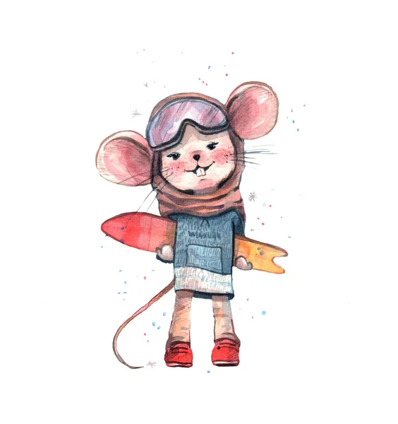 Watercolor snowboarder mouse. Happy mouse with a snowboard in his hands. Cute mouse in glasses and a jacket. Winter sports.