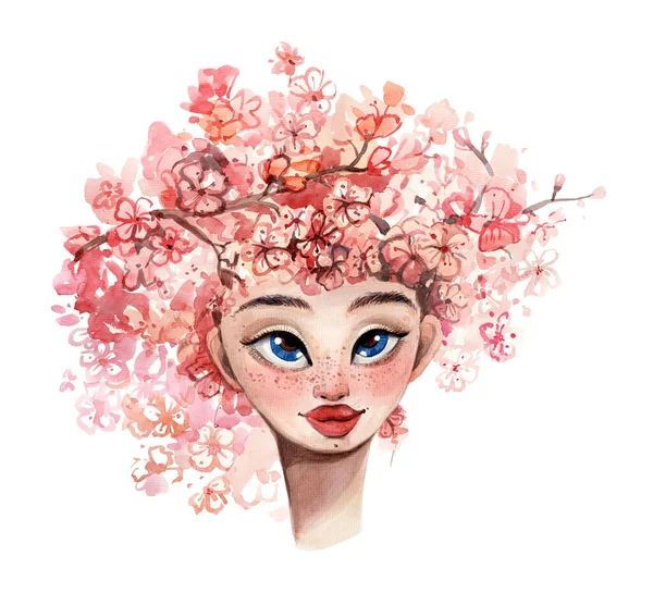 Watercolor Illustration Girl Floral Hat Spring Spring Girl Portrait Sakura — Stock Photo, Image