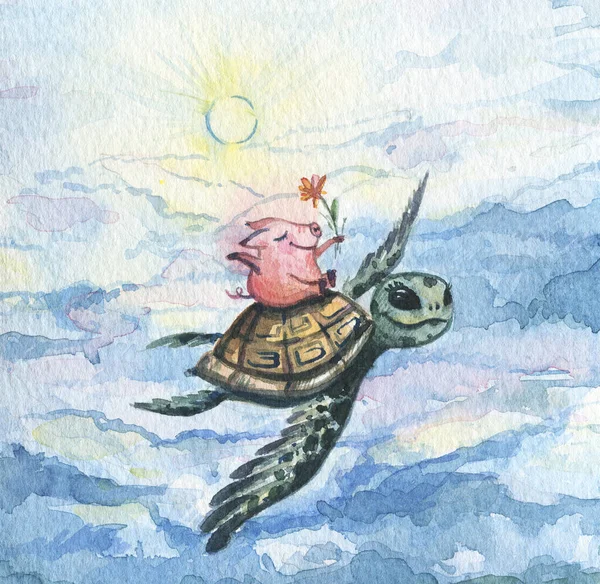Sköldpadda Och Gris Sköldpadda Och Rolig Gris Flyger Skyn Vänskap — Stockfoto