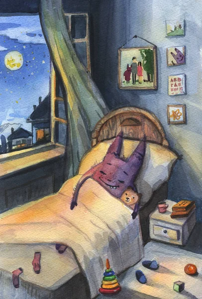 Little monster sleeping with a toy in his bed. Watercolor illustration. kids room at night. Cute purple creature is sleeping.