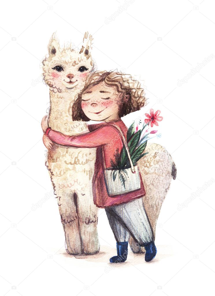 Little girl hugs alpaca. Cute white alpaca and girl with flowers. Watercolor illustration of alpaca and girl. Cute girl lama or also known as alpaca. Watercolor llama stands with a girl.Tender hugs. 